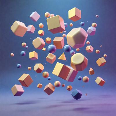 The primary subject of the image is a collection of colorful geometric shapes, including cubes and spheres, floating in the air. The setting is a dark blue background, which contrasts with the vibrant colors of the shapes. The visual style appears to be a combination of digital art and illustration, creating a dynamic and engaging scene. The dominant colors are blue, pink, yellow, and orange, giving the image a lively and cheerful atmosphere.